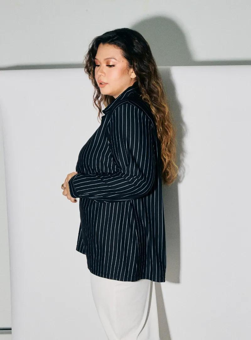 A woman dressed in Blue Black Regular Striped Slim FIt Polo