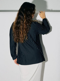 A woman dressed in Blue Black Regular Striped Slim FIt Polo
