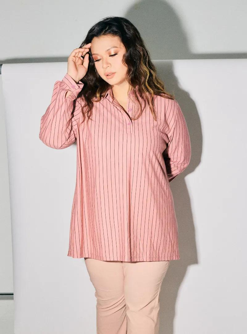A woman dressed in Dusty Pink Regular Striped Slim FIt Polo