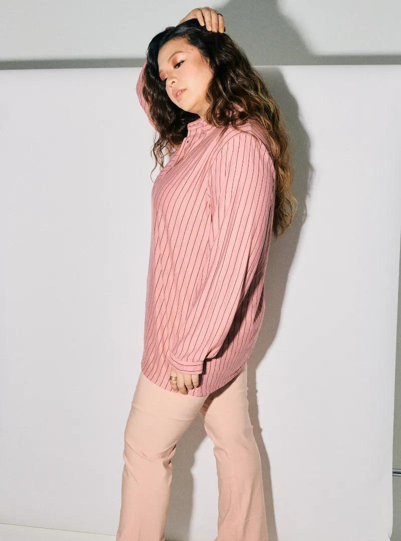 A woman dressed in Dusty Pink Regular Striped Slim FIt Polo