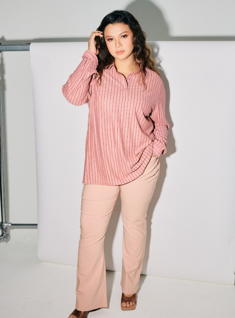 A woman dressed in Dusty Pink Regular Striped Slim FIt Polo