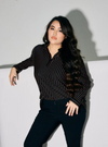 A woman dressed in Ginger Black Regular Striped Slim FIt Polo