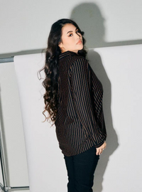 A woman dressed in Ginger Black Regular Striped Slim FIt Polo