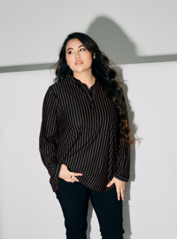 A woman dressed in Ginger Black Regular Striped Slim FIt Polo