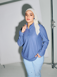 A woman dressed in Stone Blue Regular Striped Slim FIt Polo