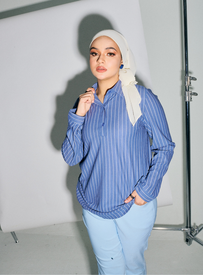 A woman dressed in Stone Blue Regular Striped Slim FIt Polo
