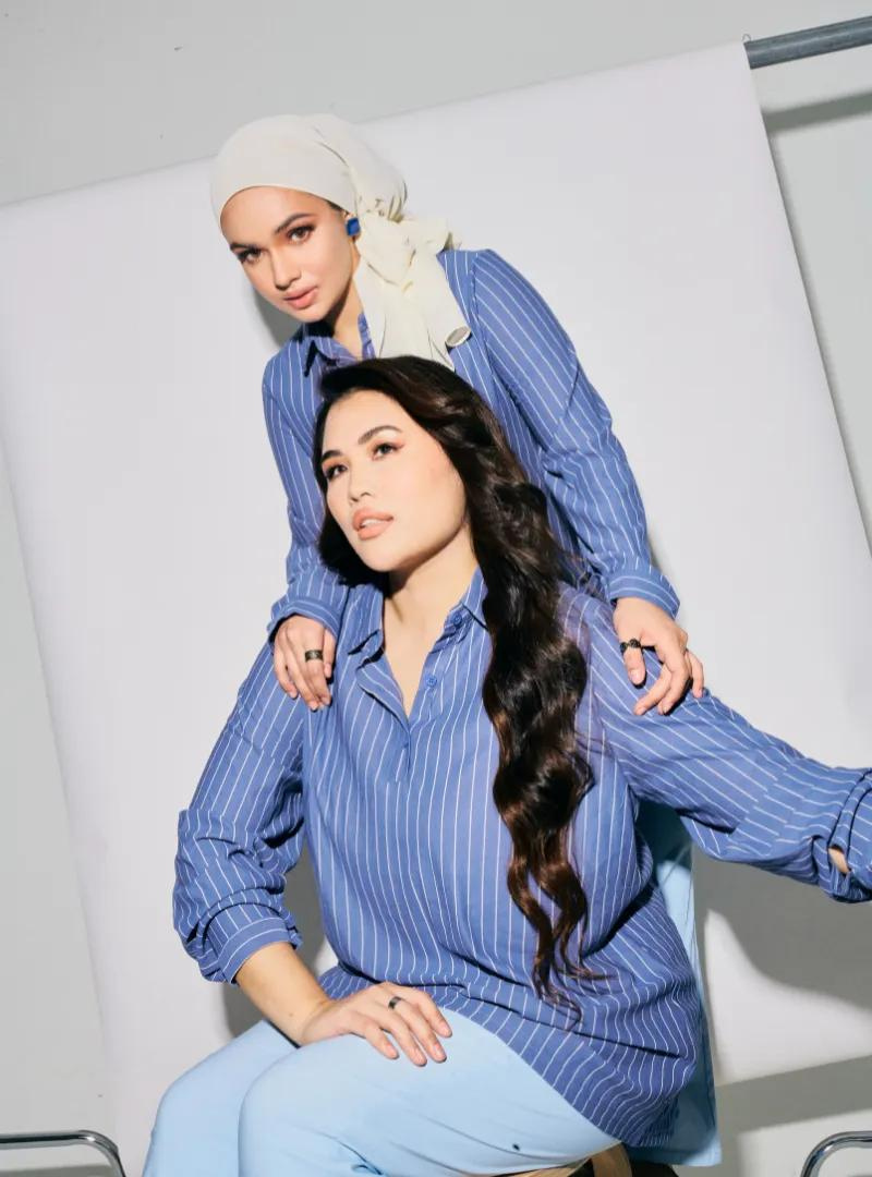 A woman dressed in Stone Blue Regular Striped Slim FIt Polo