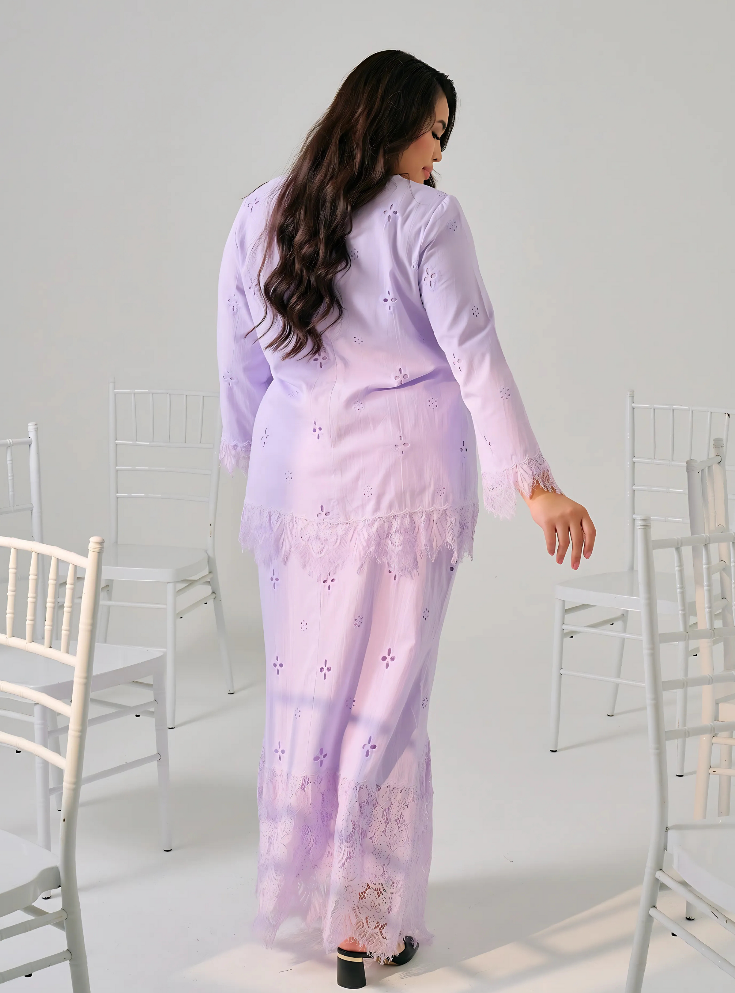 (AS IS) Tun Melati Eyelet Lace Kurung - Lilac