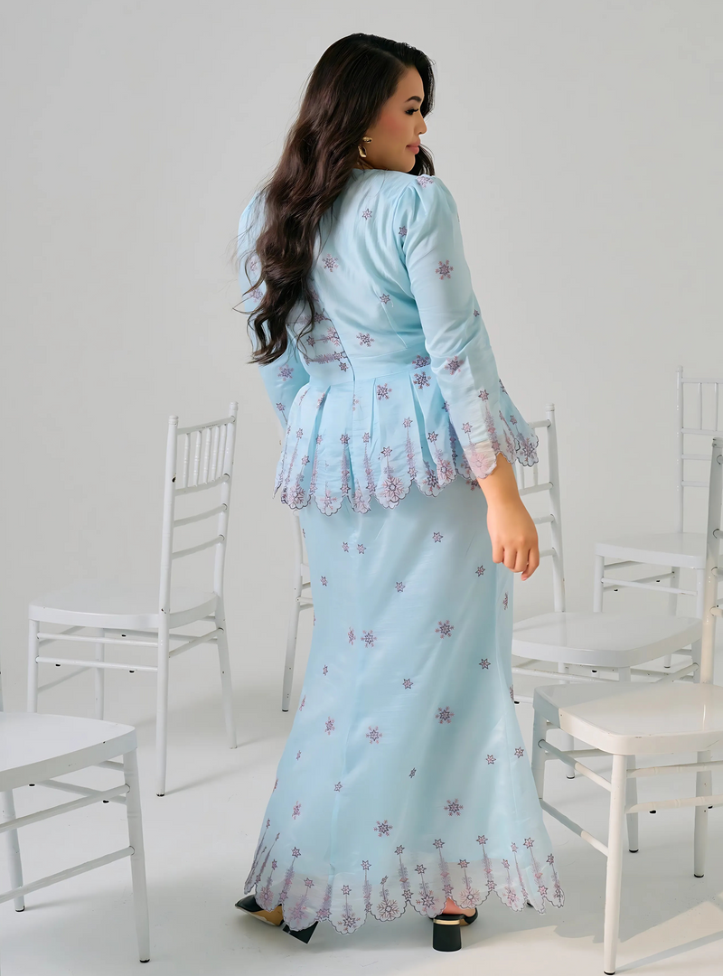 Tun Maimunah Eyelet Peplum Kurung - Baby Blue