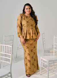 Tun Kamariah Embroidered Leaves Peplum Kurung - Brown