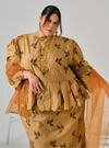 Tun Kamariah Embroidered Leaves Peplum Kurung - Brown