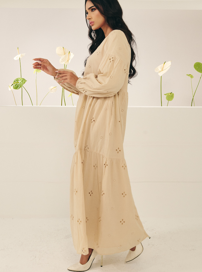 Clara Eyelet Princess Dress - Latte Brown
