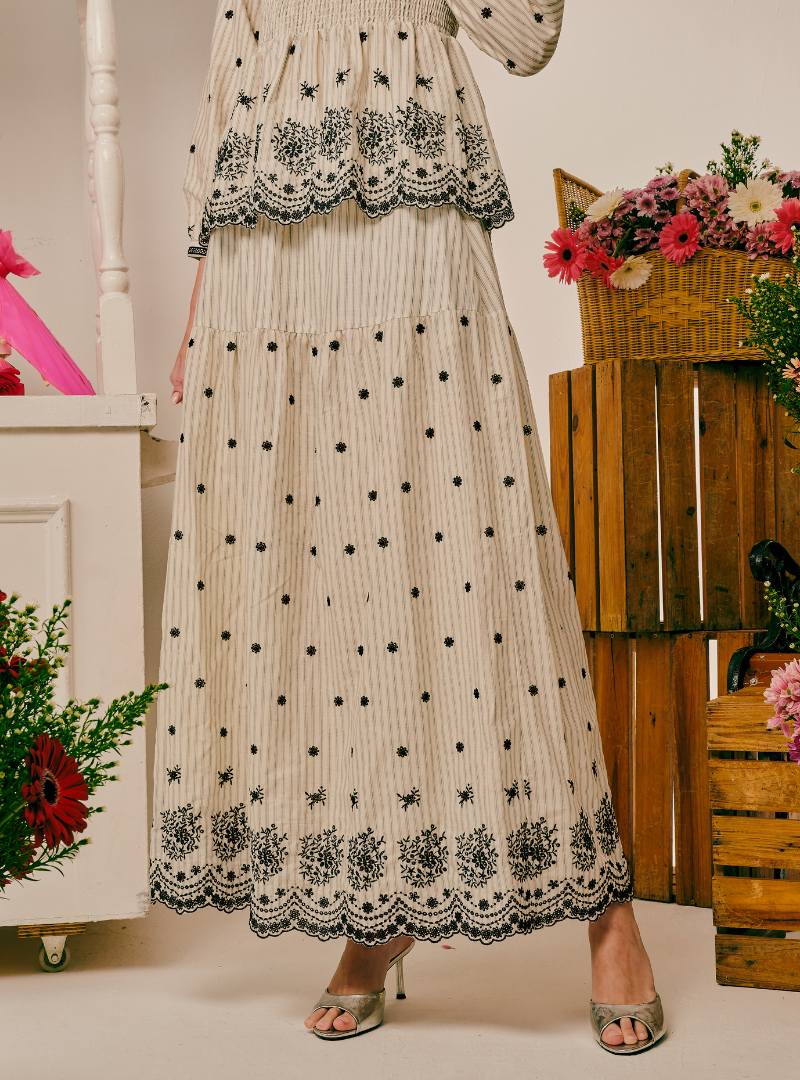 Rosette Embroidered Maxi Linen Skirt - Stripe