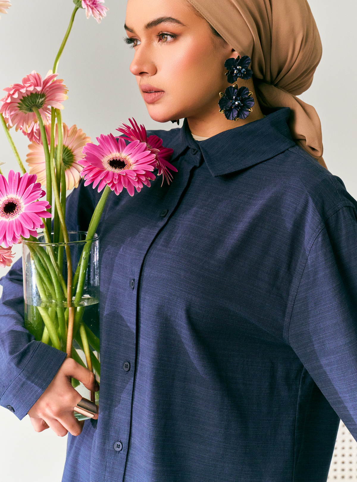 Kimberly Loose Fit Button-Up Linen Shirt - Navy