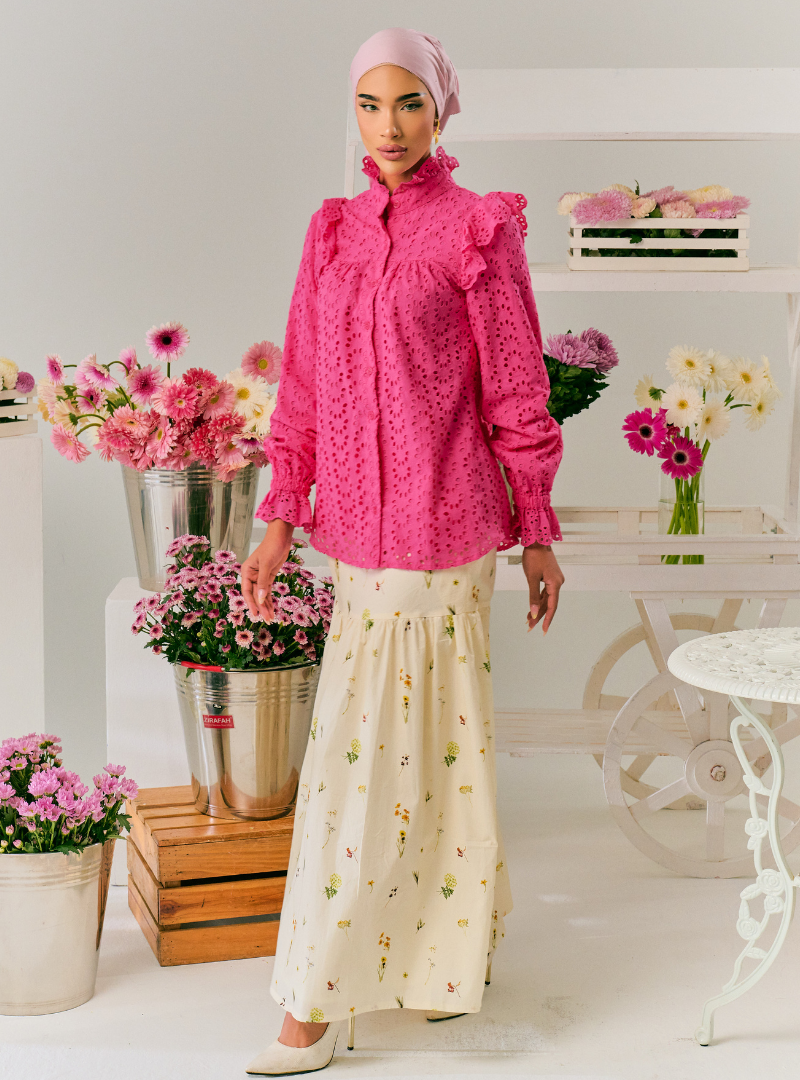 Vera Eyelet Ruffled Button Up-Blouse - Hot Pink