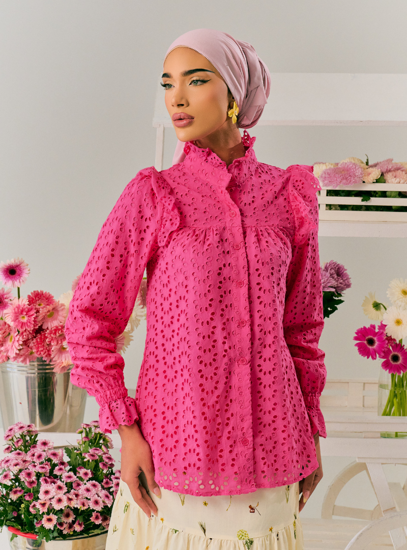 Vera Eyelet Ruffled Button Up-Blouse - Hot Pink