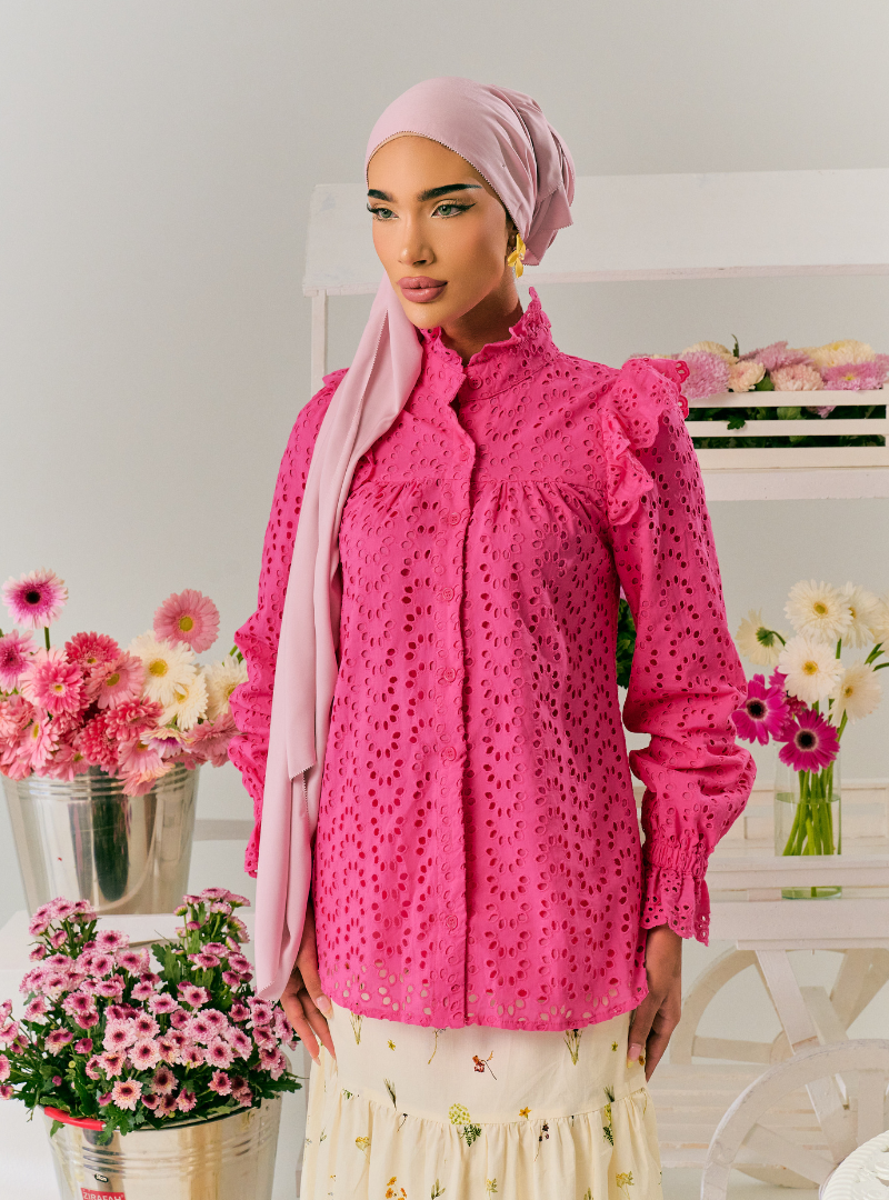 Vera Eyelet Ruffled Button Up-Blouse - Hot Pink
