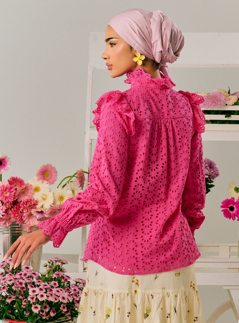 Vera Eyelet Ruffled Button Up-Blouse - Hot Pink