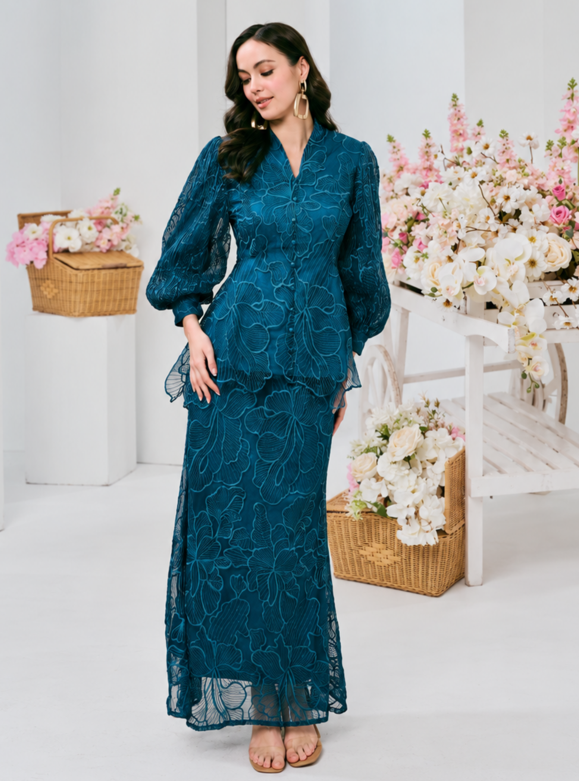 Bunga Melur Lace Kebaya Doll Kurung - Teal
