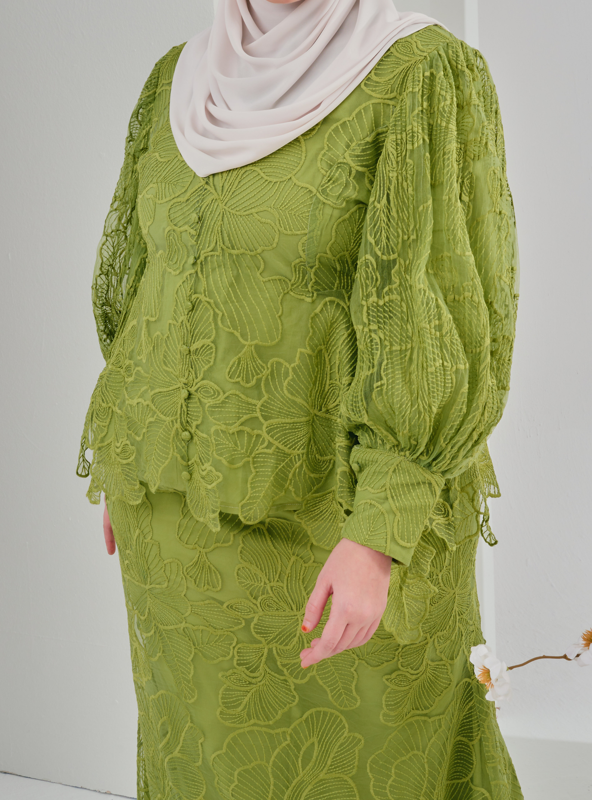 Bunga Melur Lace Kebaya Doll Kurung - Matcha