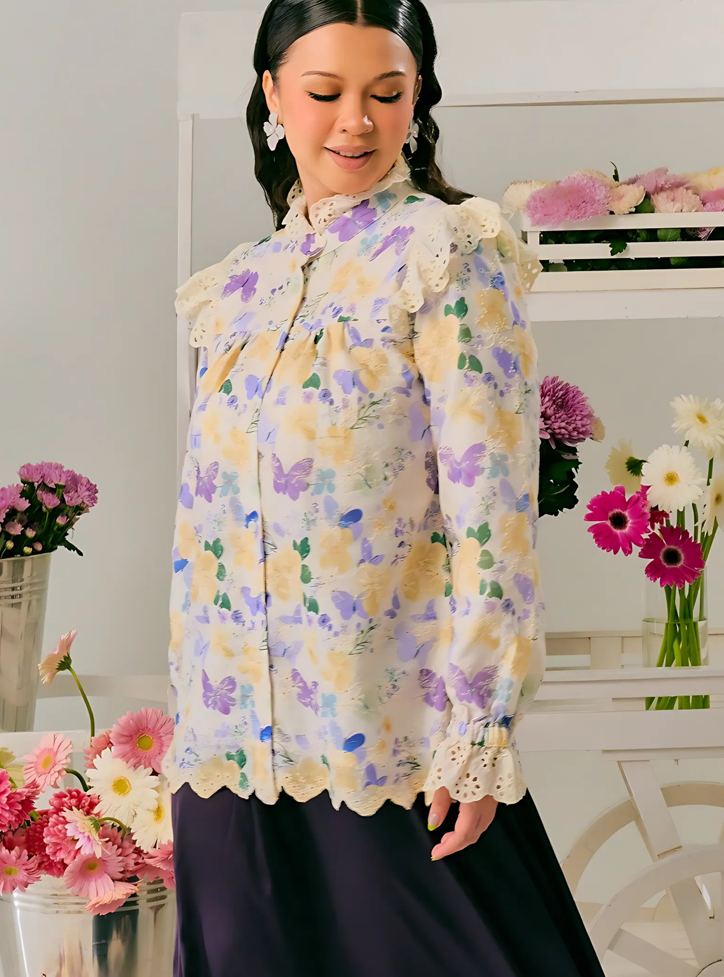 Celia Floral Ruffled Button Up-Blouse