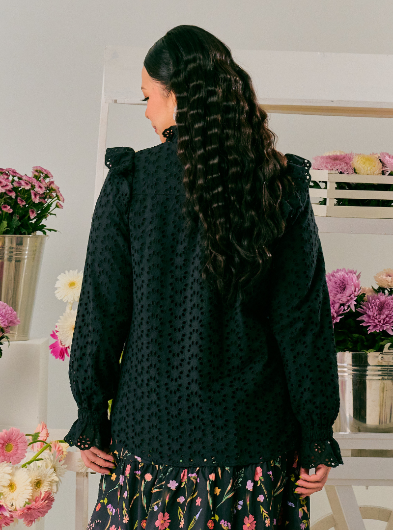 Vera Eyelet Ruffled Button Up-Blouse - Black