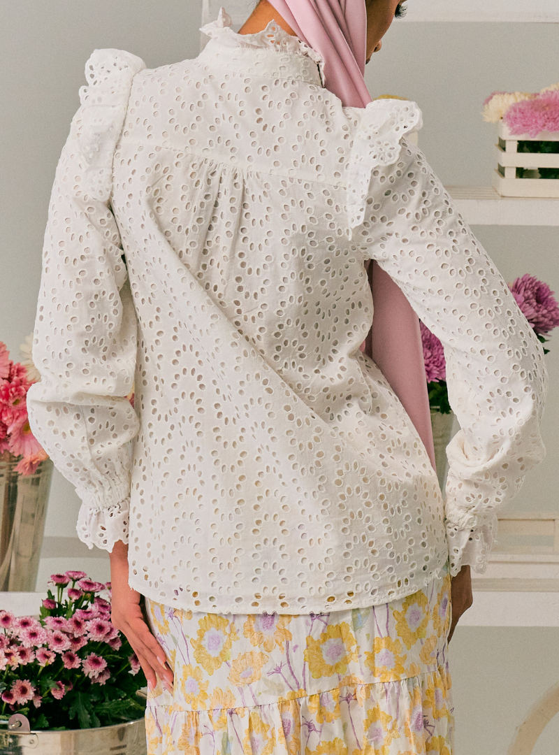 Vera Eyelet Ruffled Button Up-Blouse - White