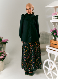 Kai Black Ruffled Button-Up Blouse