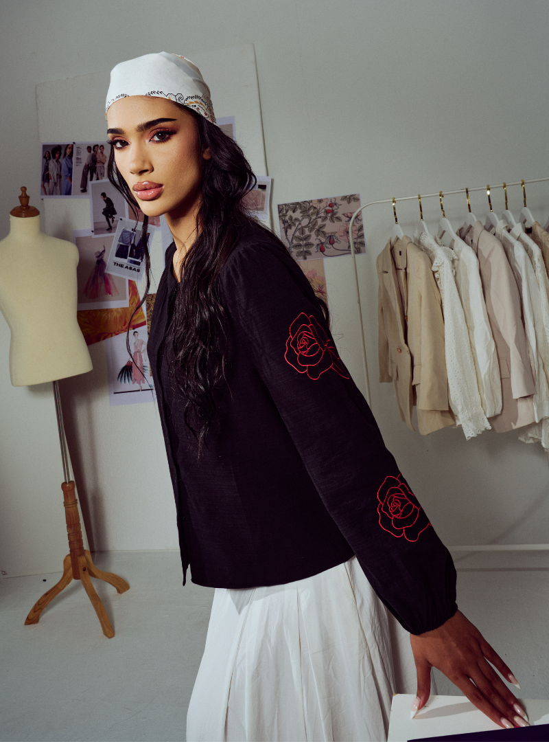Tess Embroidered Button-up Shirt - Black