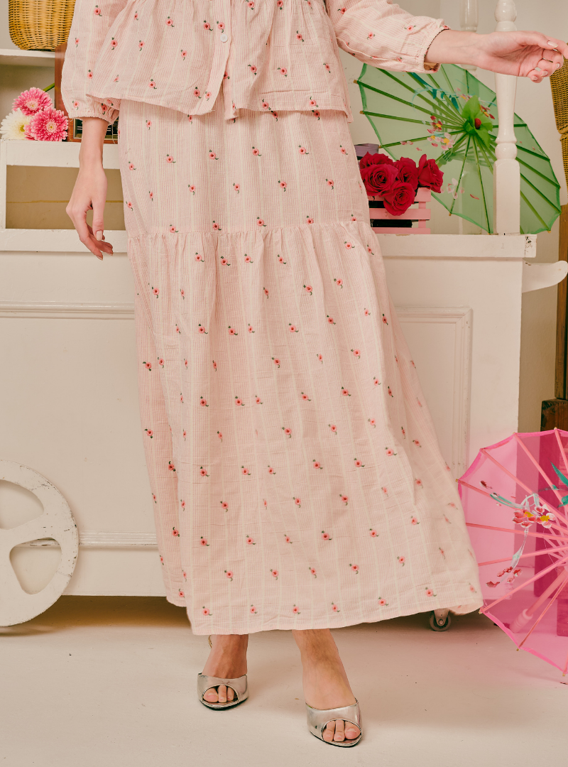 Kallie Embroidered Linen A-Line Tiered Skirt