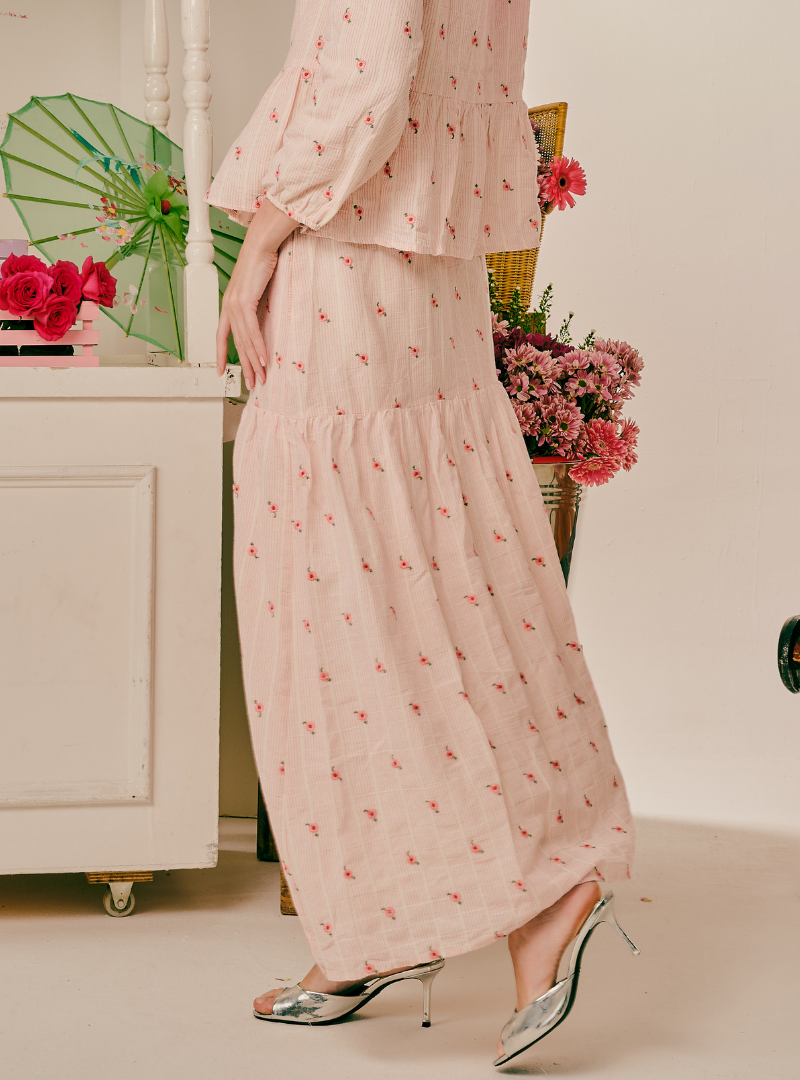 Kallie Embroidered Linen A-Line Tiered Skirt