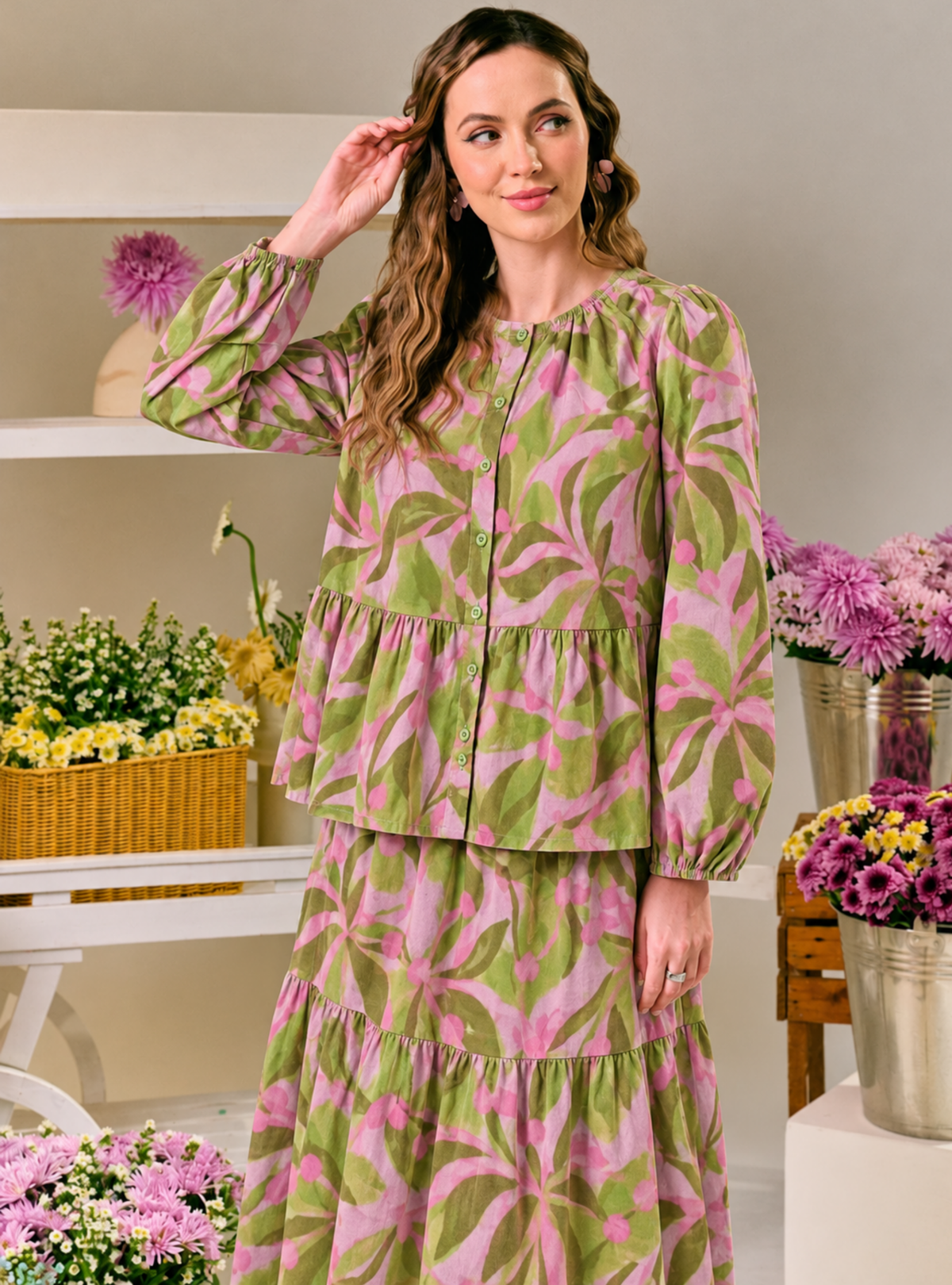 Paloma Button-Front Top - Matcha Strawberry