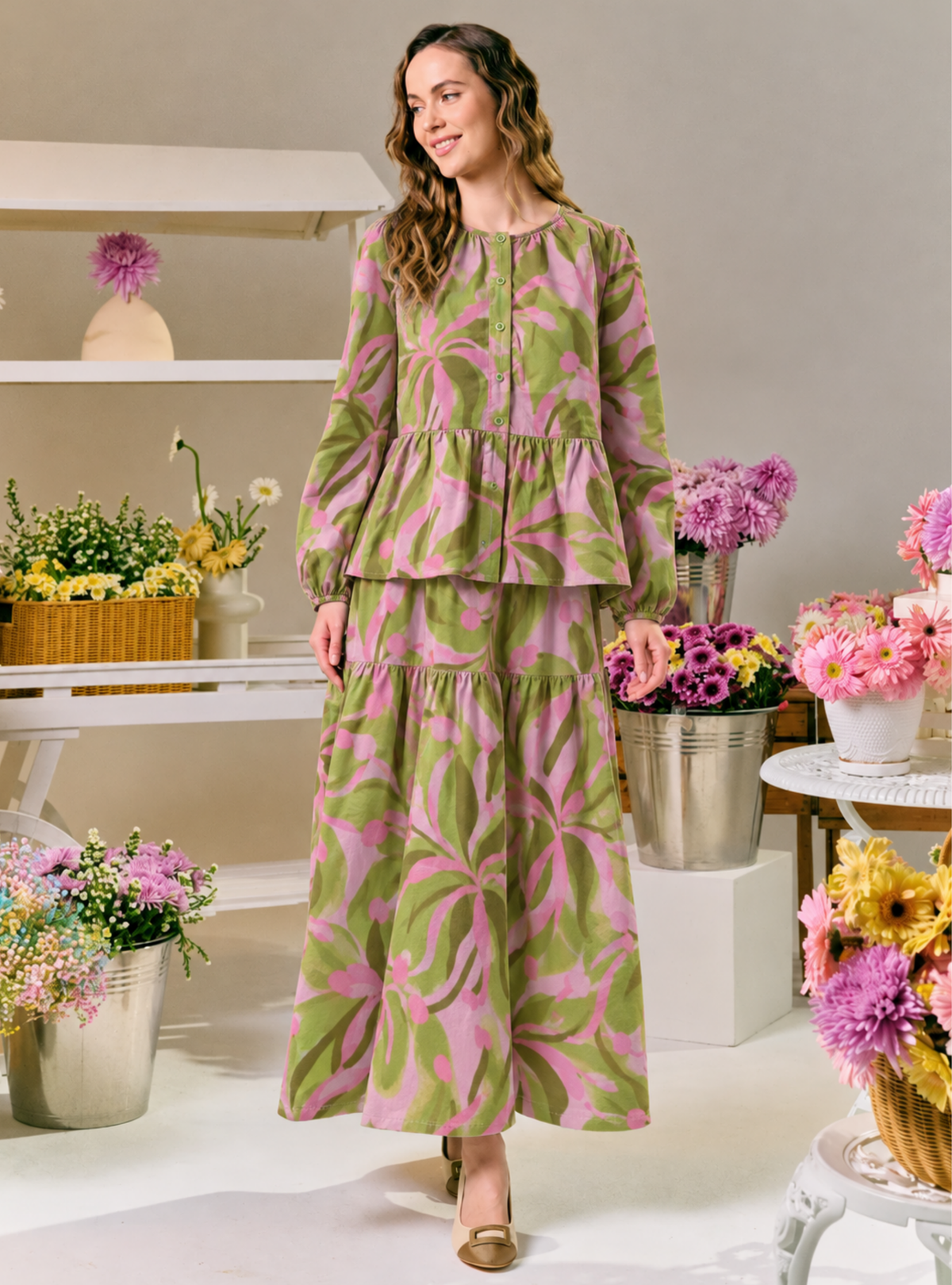 Paloma Button-Front Top - Matcha Strawberry