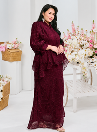 Bunga Melur Lace Kebaya Doll Kurung - Burgundy