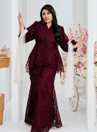 Bunga Melur Lace Kebaya Doll Kurung - Burgundy