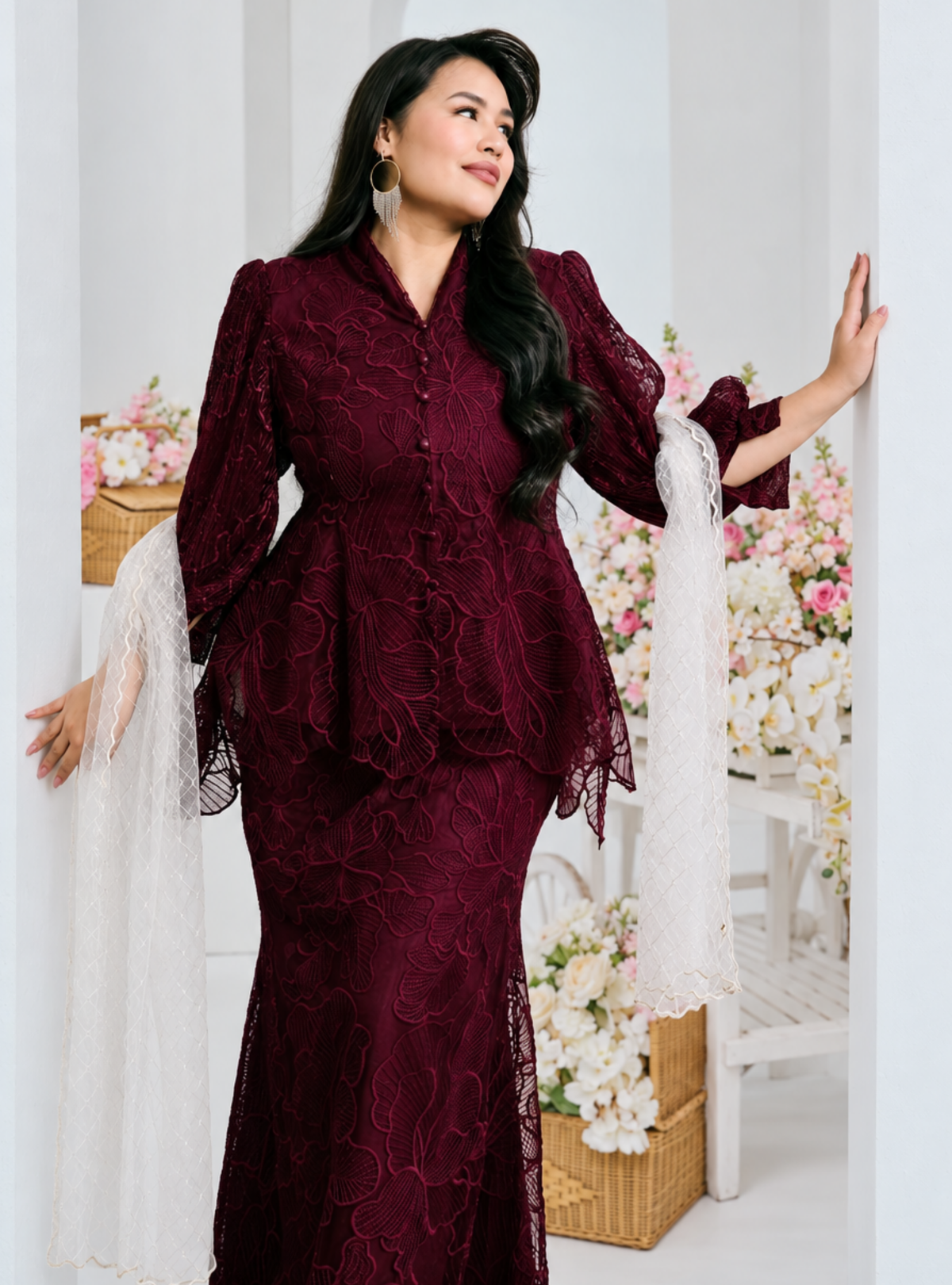 Bunga Melur Lace Kebaya Doll Kurung - Burgundy