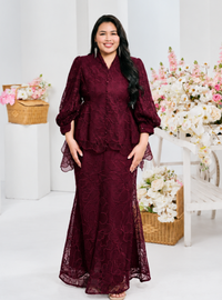 Bunga Melur Lace Kebaya Doll Kurung - Burgundy