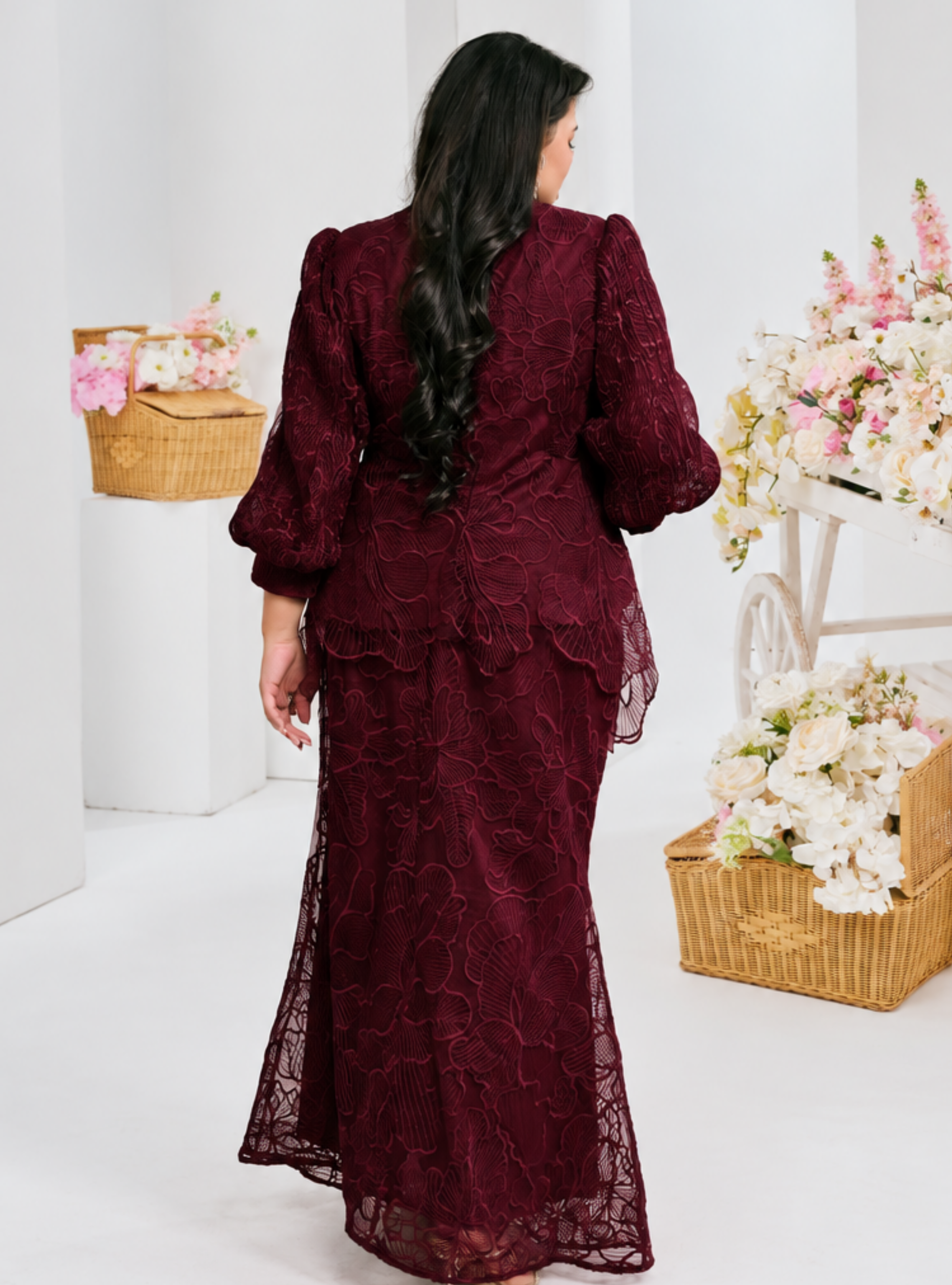 Bunga Melur Lace Kebaya Doll Kurung - Burgundy