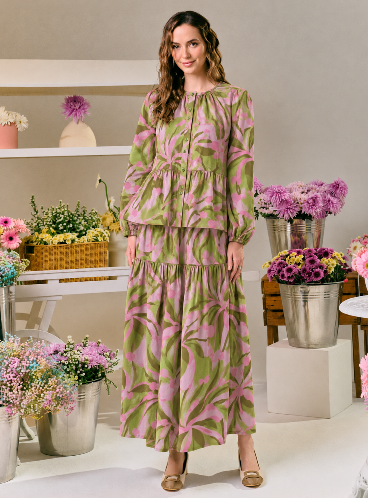 Paloma Button-Front Top - Matcha Strawberry