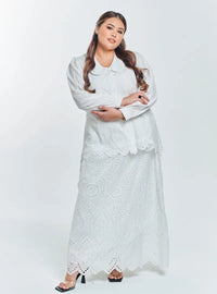 A woman White in Tun Hasmah Eyelet Skirt Set