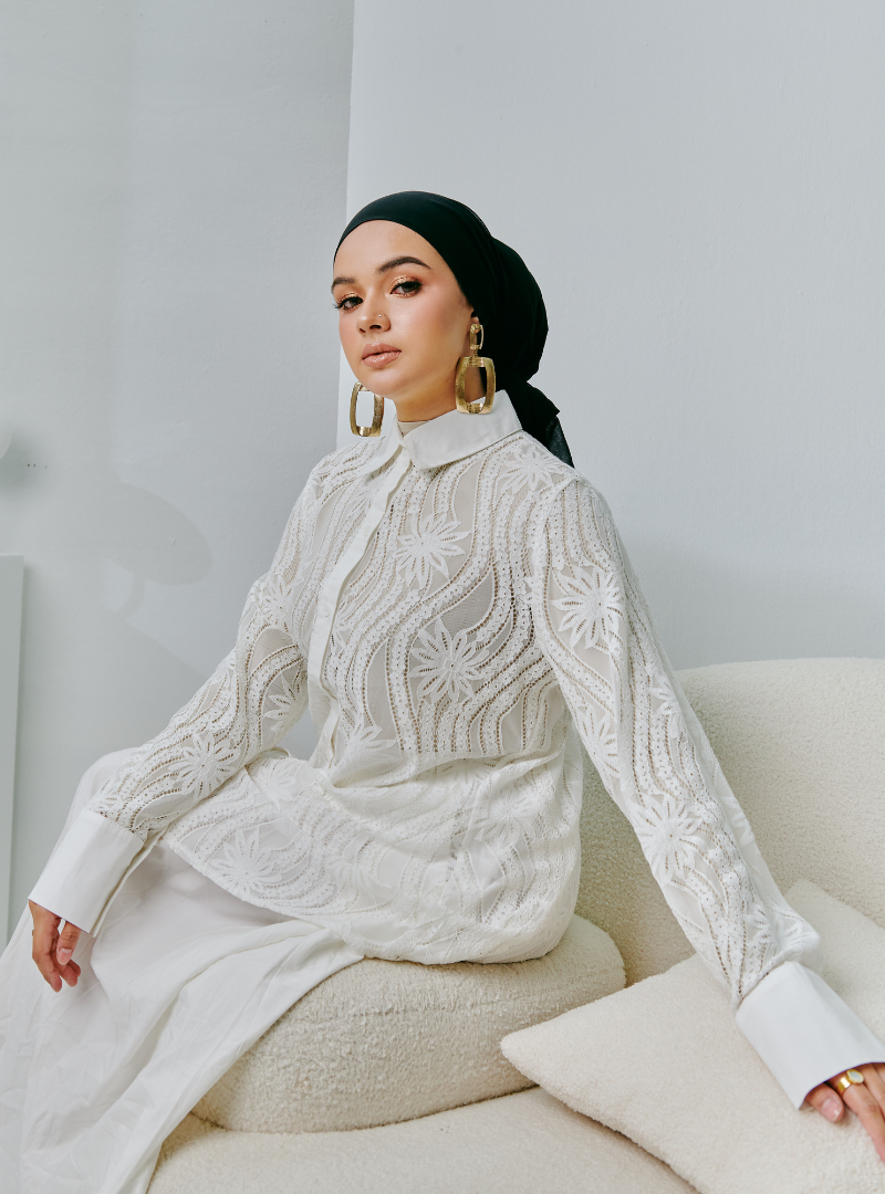 A woman dressed in White Fiona Regular Lace Shirt
