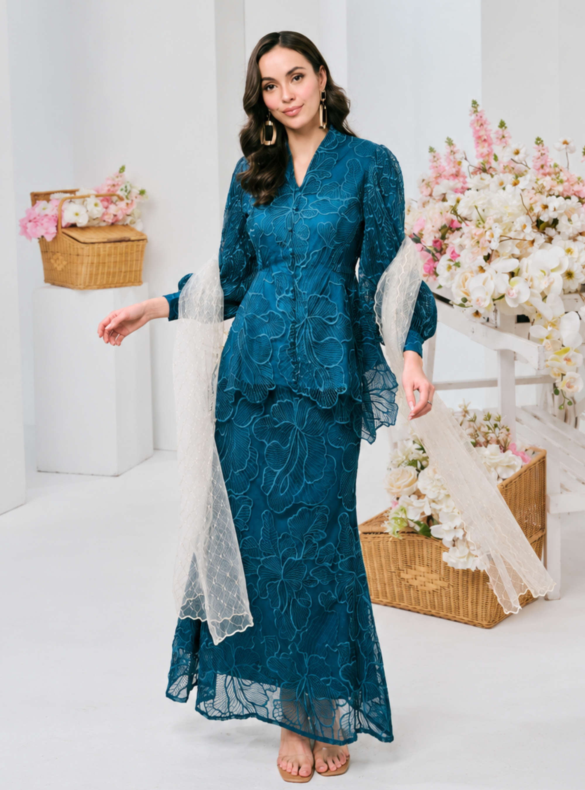 Bunga Melur Lace Kebaya Doll Kurung - Teal