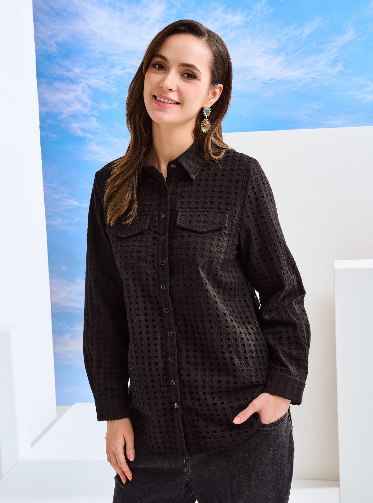 Elodie Cotton Eyelet Shirt - Black