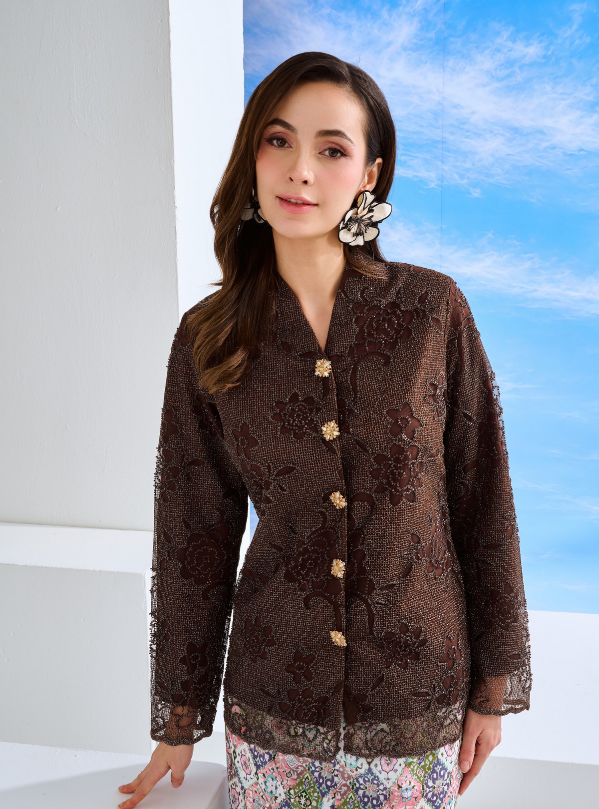 Bunga Iman Kebaya Top Only - Manik Brown