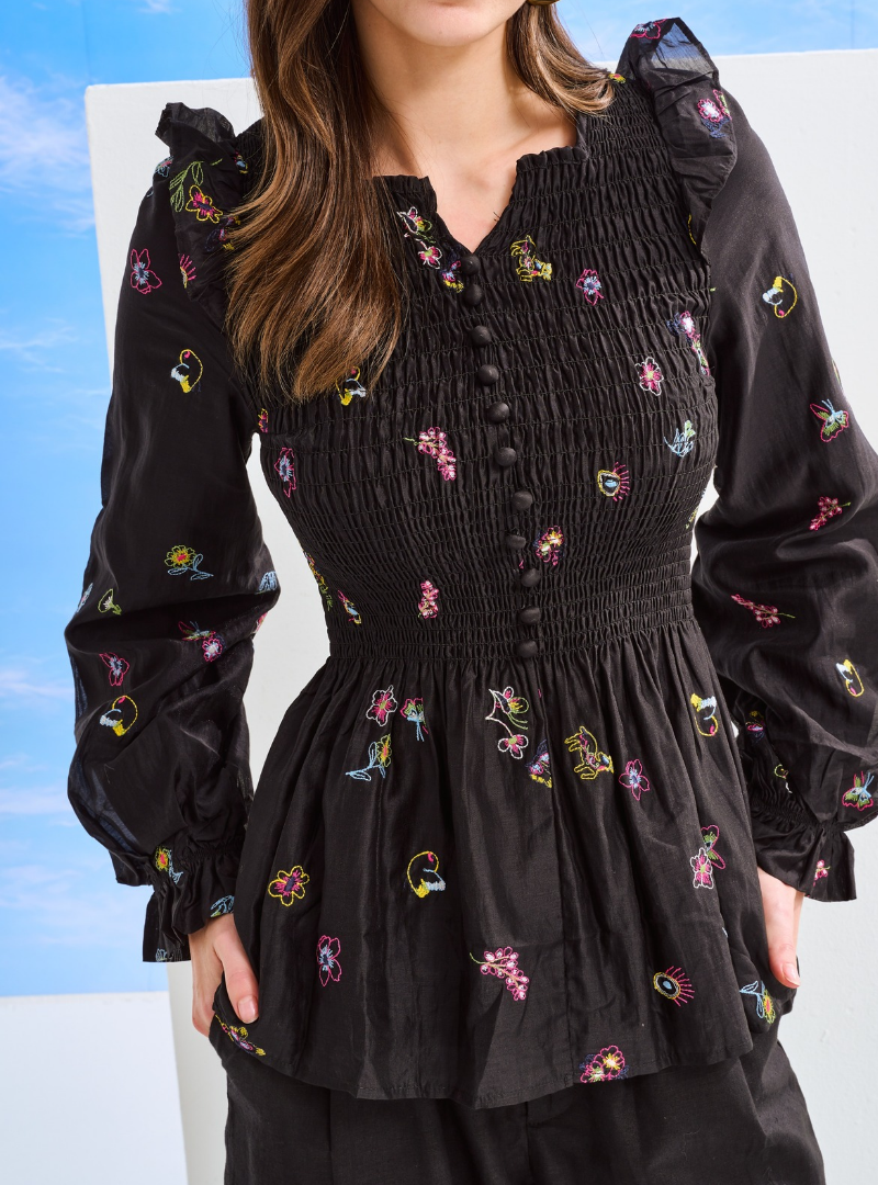 Odette Floral Cotton Smocked Top - Black