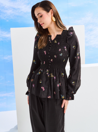 Odette Floral Cotton Smocked Top - Black