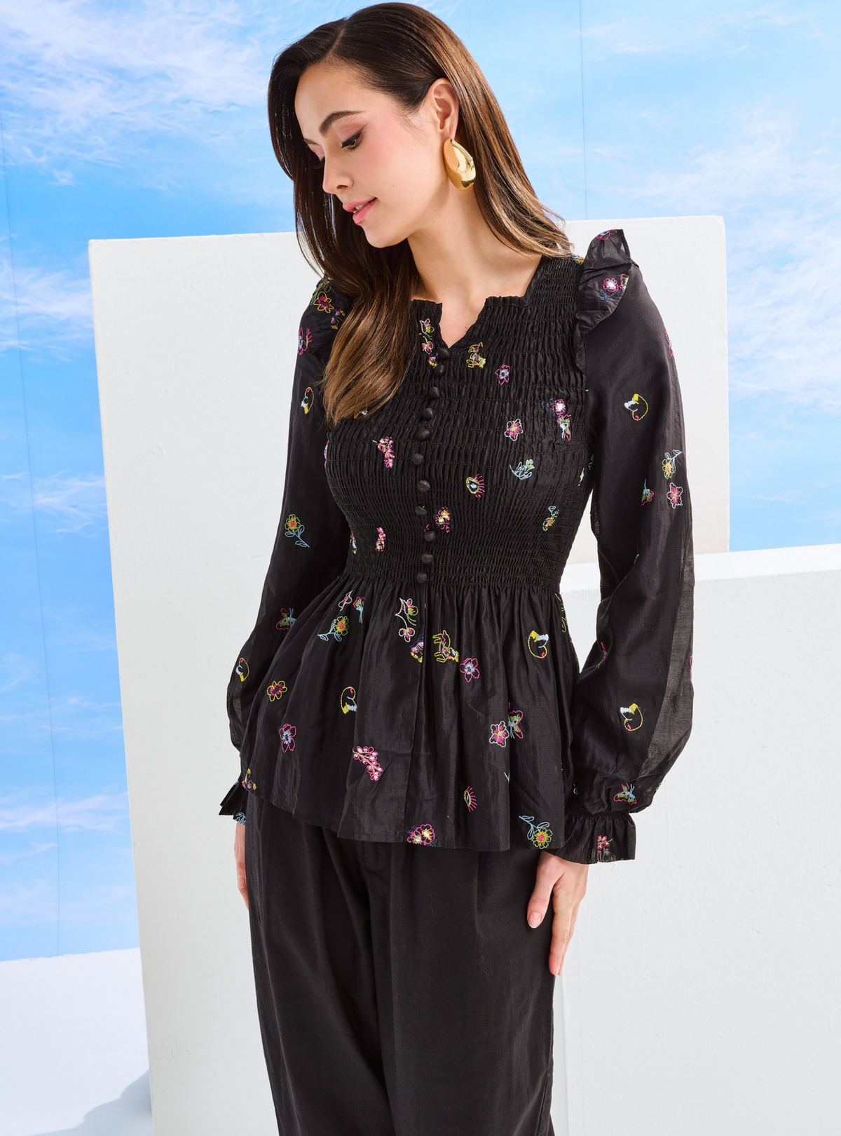 Odette Floral Cotton Smocked Top - Black