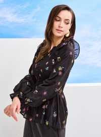 Odette Floral Cotton Smocked Top - Black