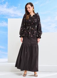 Odette Floral Cotton Smocked Top - Black