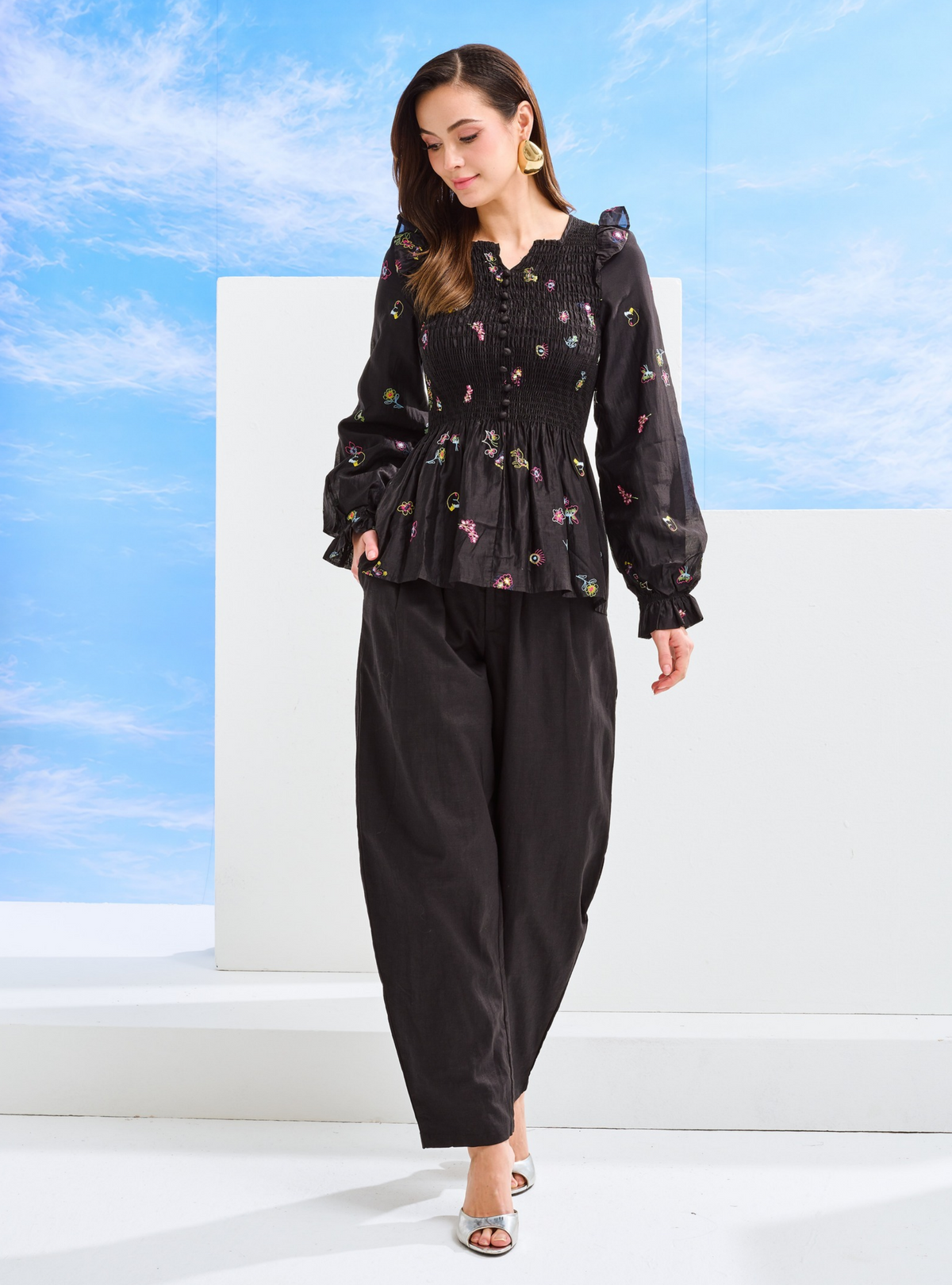 Odette Floral Cotton Smocked Top - Black